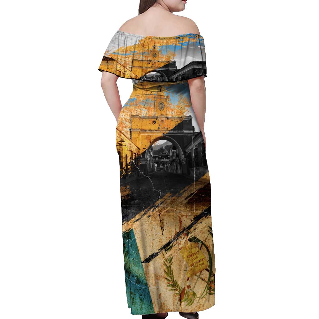 Guatemala Country Pride Off Shoulder Maxi Dress Grunge Map Art with National Landmark Flag Texture - Wonder Print Shop