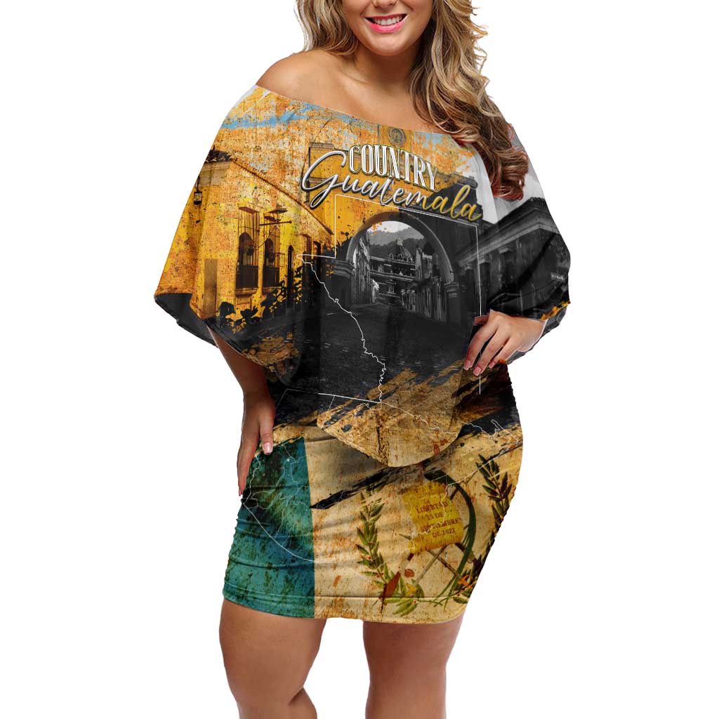 Guatemala Country Pride Off Shoulder Short Dress Grunge Map Art with National Landmark Flag Texture - Wonder Print Shop