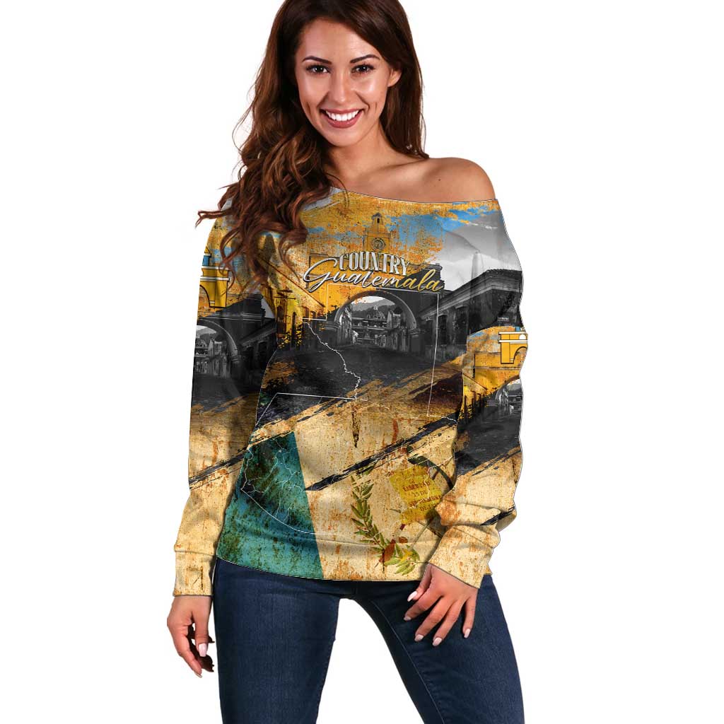 Guatemala Country Pride Off Shoulder Sweater Grunge Map Art with National Landmark Flag Texture - Wonder Print Shop
