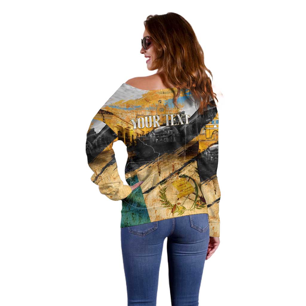 Guatemala Country Pride Off Shoulder Sweater Grunge Map Art with National Landmark Flag Texture - Wonder Print Shop