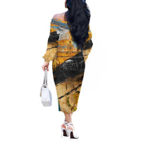 Guatemala Country Pride Off The Shoulder Long Sleeve Dress Grunge Map Art with National Landmark Flag Texture - Wonder Print Shop