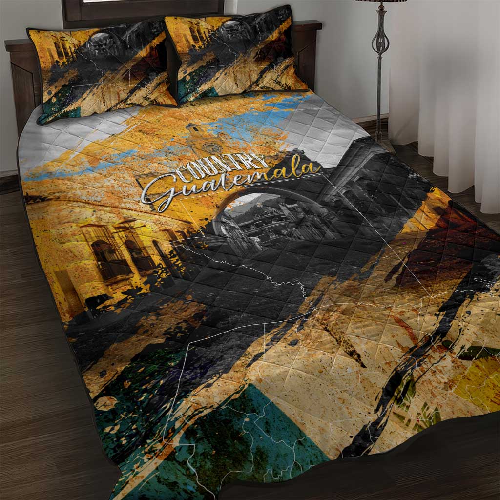Guatemala Country Pride Quilt Bed Set Grunge Map Art with National Landmark Flag Texture - Wonder Print Shop