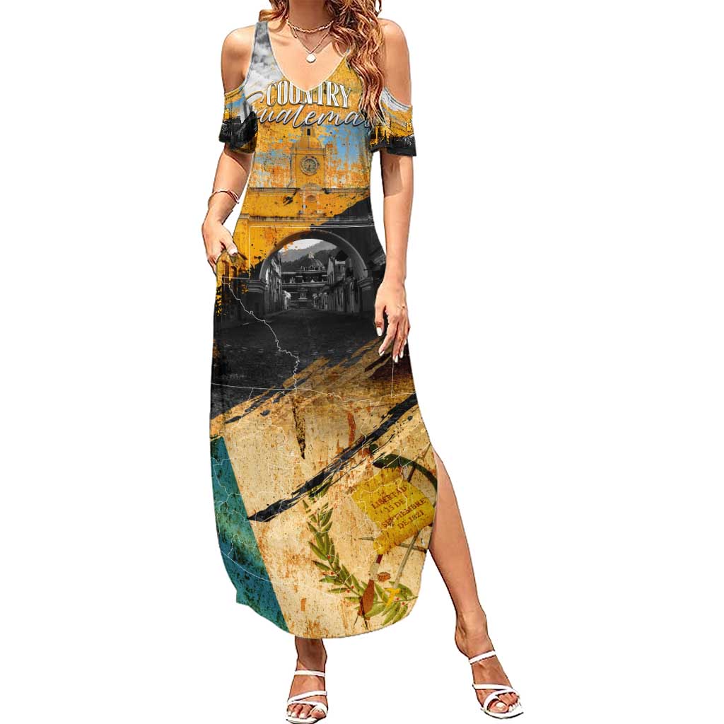 Guatemala Country Pride Summer Maxi Dress Grunge Map Art with National Landmark Flag Texture - Wonder Print Shop