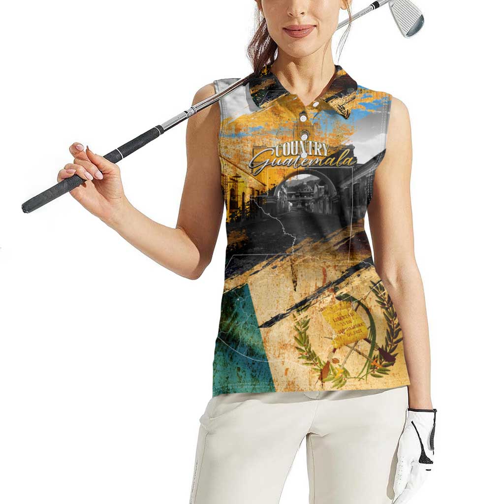 Guatemala Country Pride Women Sleeveless Polo Shirt Grunge Map Art with National Landmark Flag Texture - Wonder Print Shop