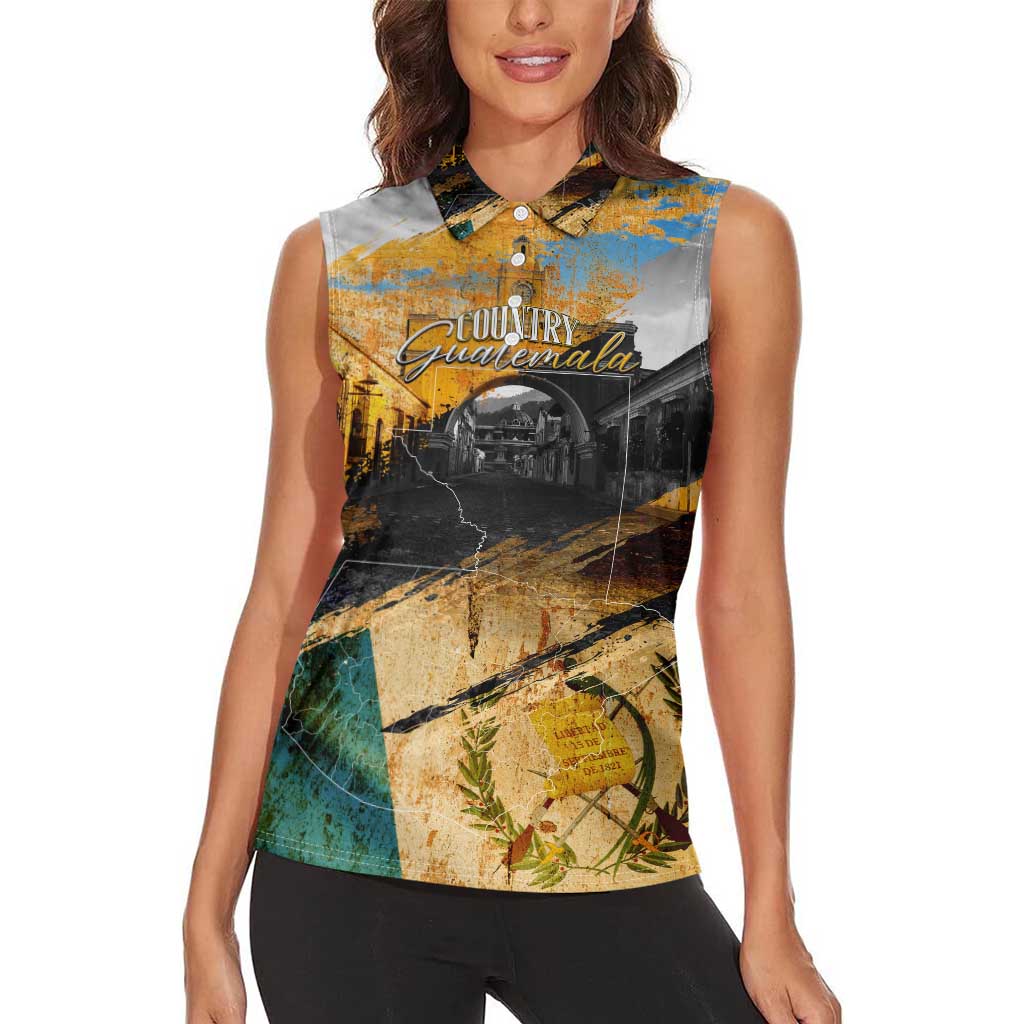 Guatemala Country Pride Women Sleeveless Polo Shirt Grunge Map Art with National Landmark Flag Texture - Wonder Print Shop