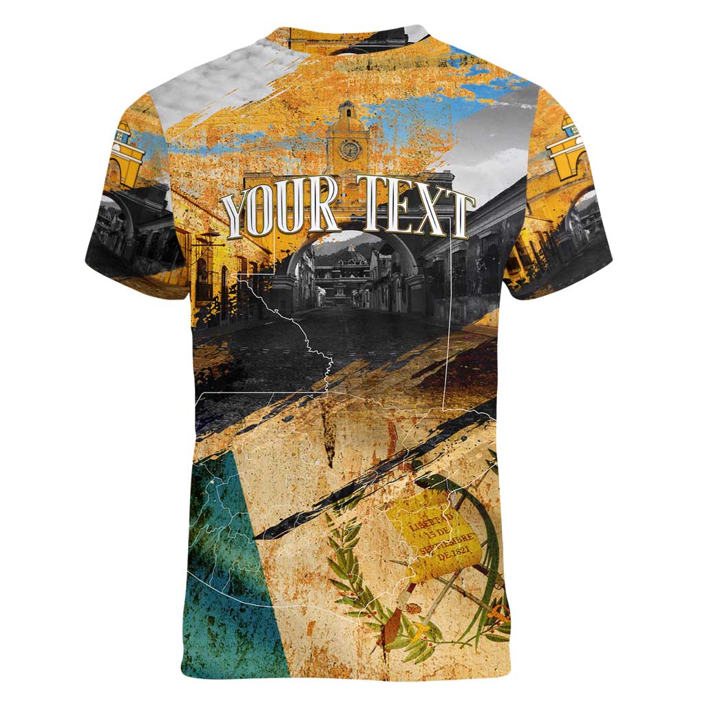 Guatemala Country Pride Women V-Neck T-Shirt Grunge Map Art with National Landmark Flag Texture - Wonder Print Shop