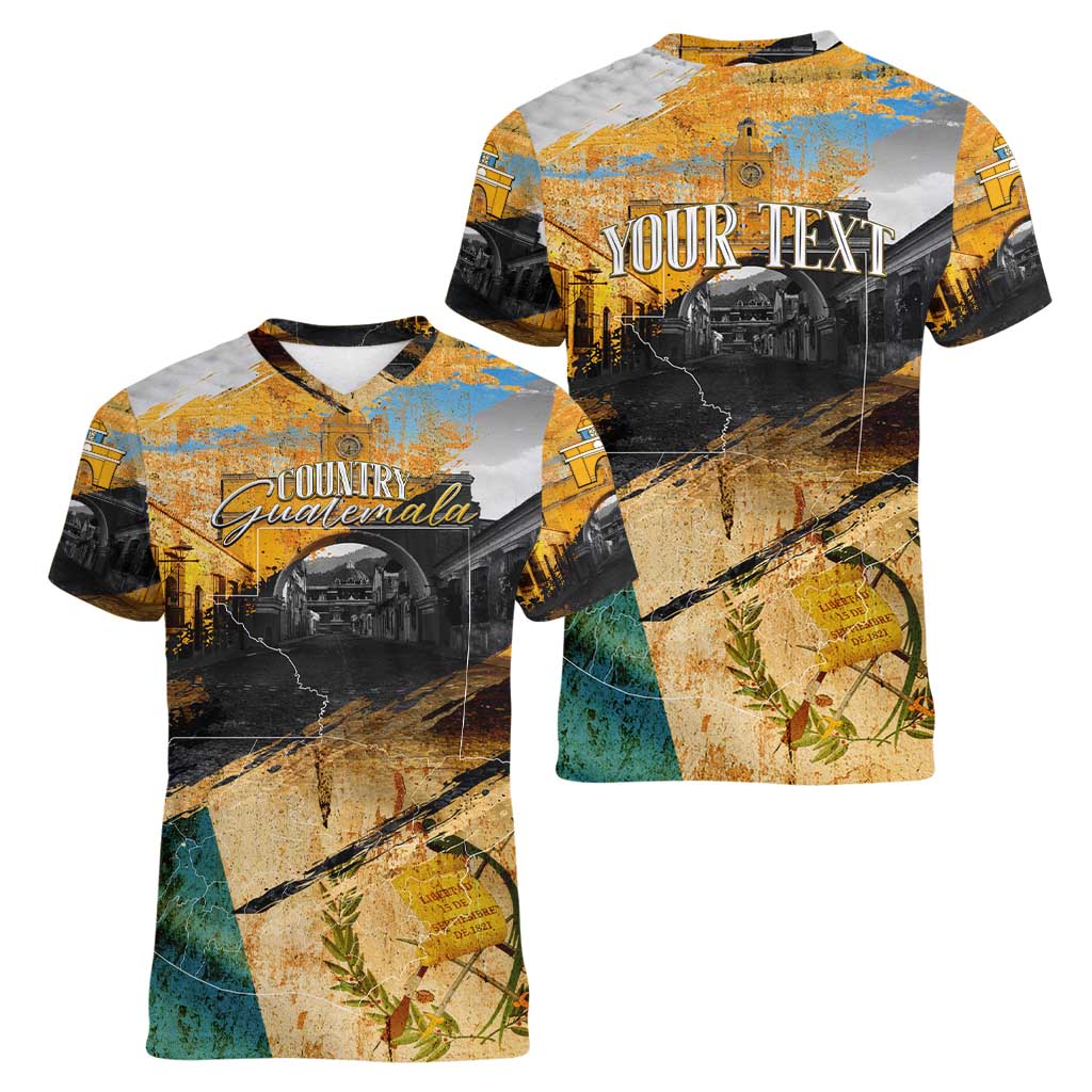 Guatemala Country Pride Women V-Neck T-Shirt Grunge Map Art with National Landmark Flag Texture - Wonder Print Shop