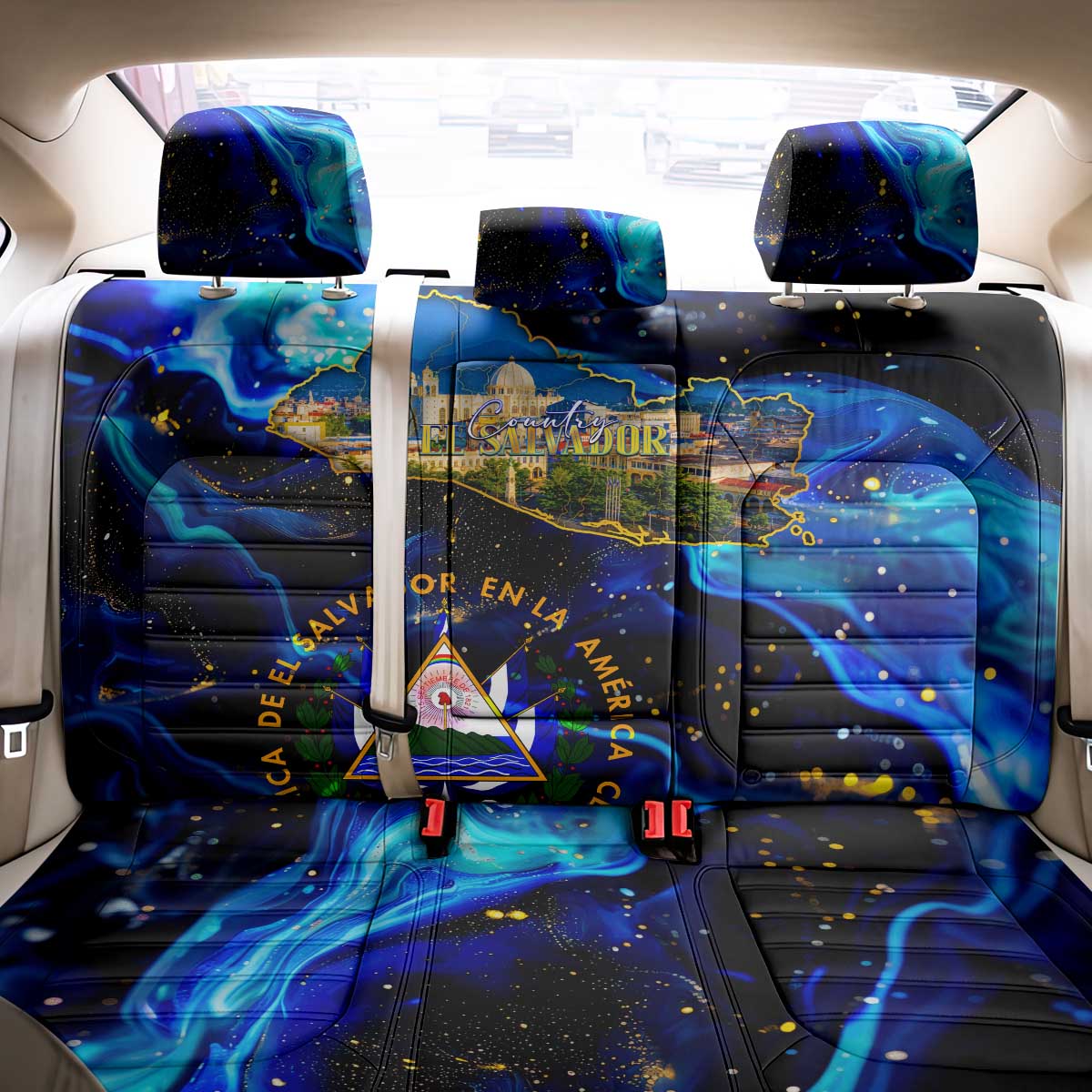 El Salvador Country Pride Back Car Seat Cover Map Flag and National Emblem Art in Cosmic Blue - Wonder Print Shop