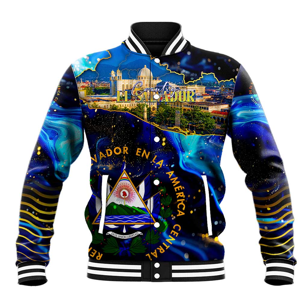 El Salvador Country Pride Baseball Jacket Map Flag and National Emblem Art in Cosmic Blue - Wonder Print Shop