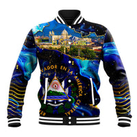 El Salvador Country Pride Baseball Jacket Map Flag and National Emblem Art in Cosmic Blue - Wonder Print Shop