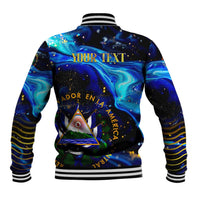 El Salvador Country Pride Baseball Jacket Map Flag and National Emblem Art in Cosmic Blue - Wonder Print Shop