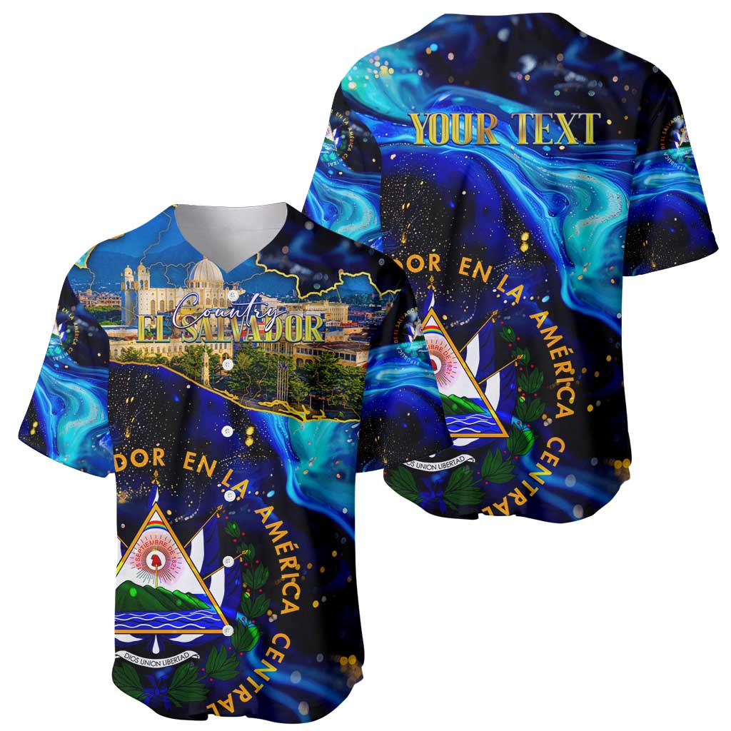 El Salvador Country Pride Baseball Jersey Map Flag and National Emblem Art in Cosmic Blue - Wonder Print Shop