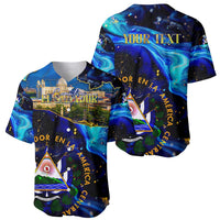El Salvador Country Pride Baseball Jersey Map Flag and National Emblem Art in Cosmic Blue - Wonder Print Shop