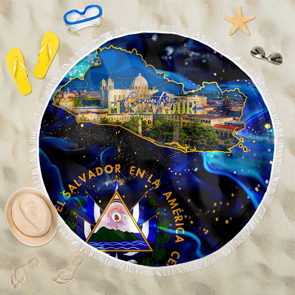 El Salvador Country Pride Beach Blanket Map Flag and National Emblem Art in Cosmic Blue - Wonder Print Shop