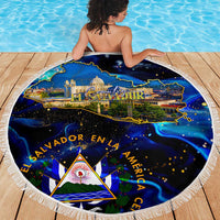 El Salvador Country Pride Beach Blanket Map Flag and National Emblem Art in Cosmic Blue - Wonder Print Shop