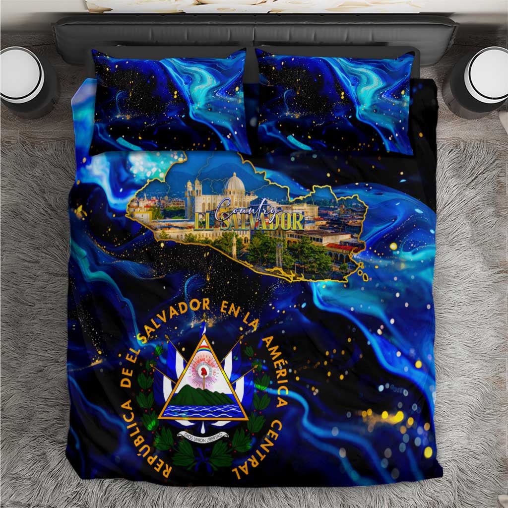 El Salvador Country Pride Bedding Set Map Flag and National Emblem Art in Cosmic Blue - Wonder Print Shop