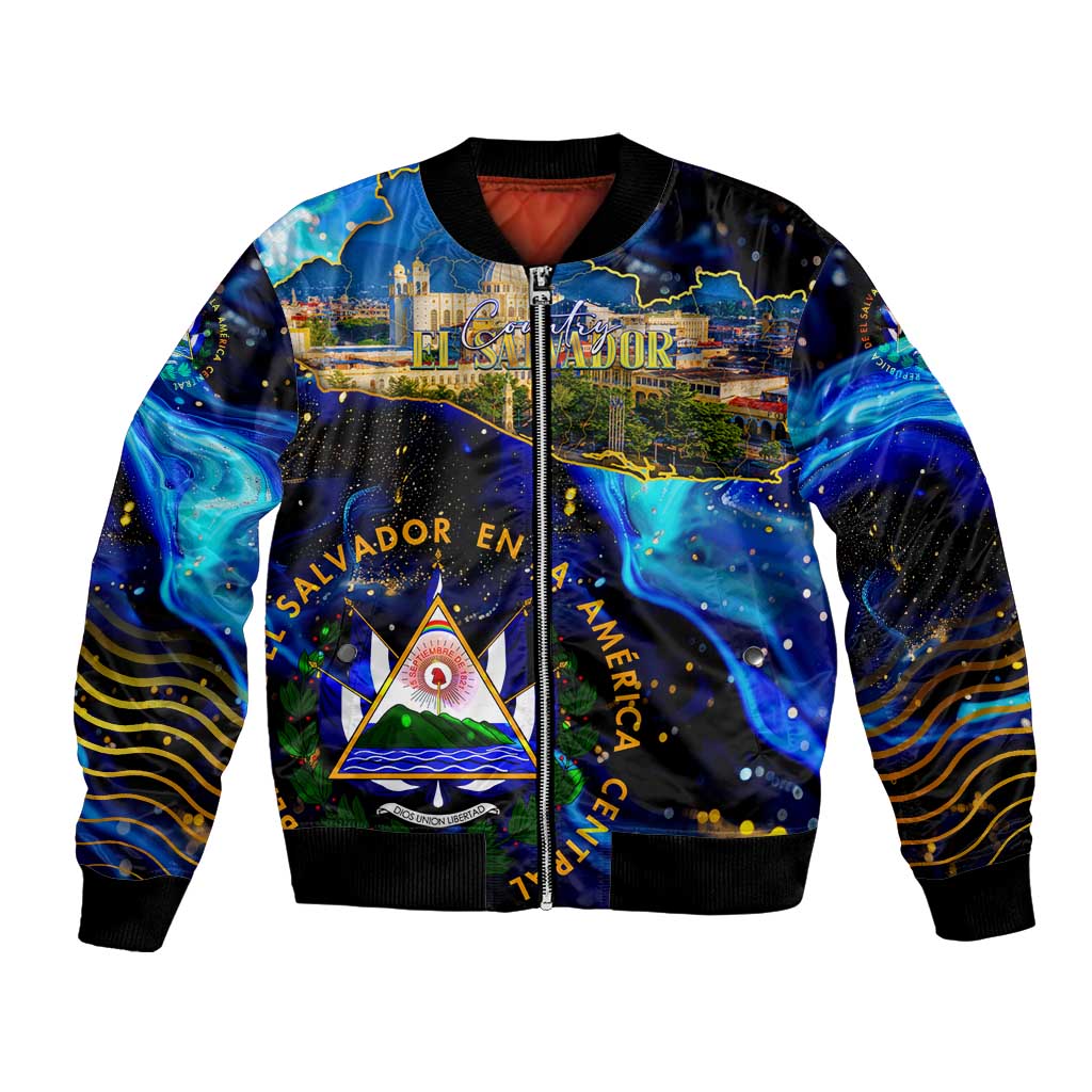 El Salvador Country Pride Bomber Jacket Map Flag and National Emblem Art in Cosmic Blue - Wonder Print Shop