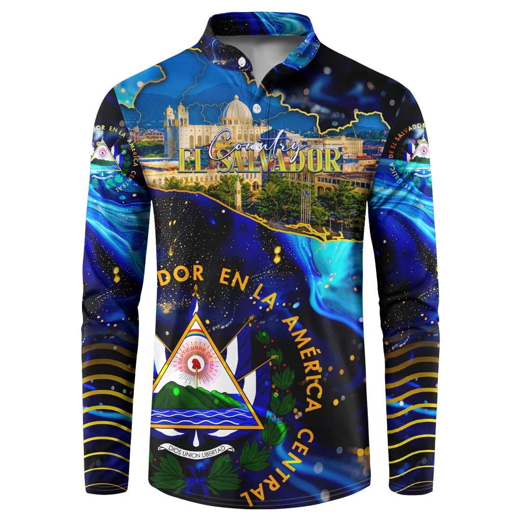 El Salvador Country Pride Button Sweatshirt Map Flag and National Emblem Art in Cosmic Blue - Wonder Print Shop