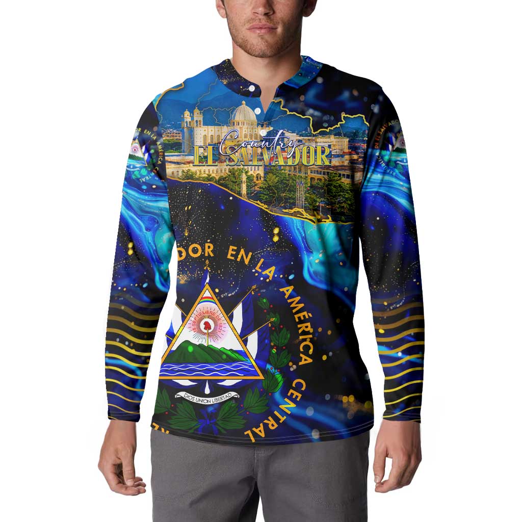 El Salvador Country Pride Button Sweatshirt Map Flag and National Emblem Art in Cosmic Blue - Wonder Print Shop