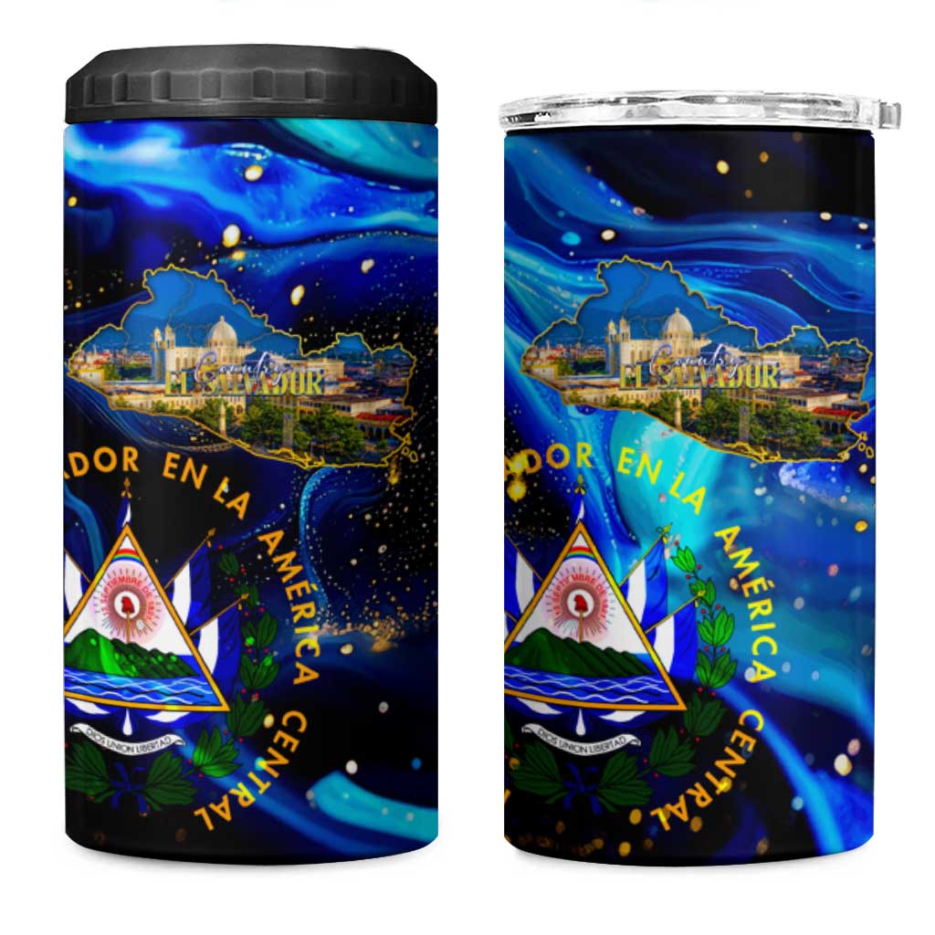 El Salvador Country Pride 4 in 1 Can Cooler Tumbler Map Flag and National Emblem Art in Cosmic Blue - Wonder Print Shop