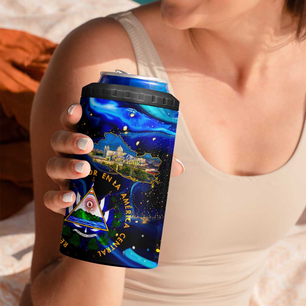 El Salvador Country Pride 4 in 1 Can Cooler Tumbler Map Flag and National Emblem Art in Cosmic Blue - Wonder Print Shop