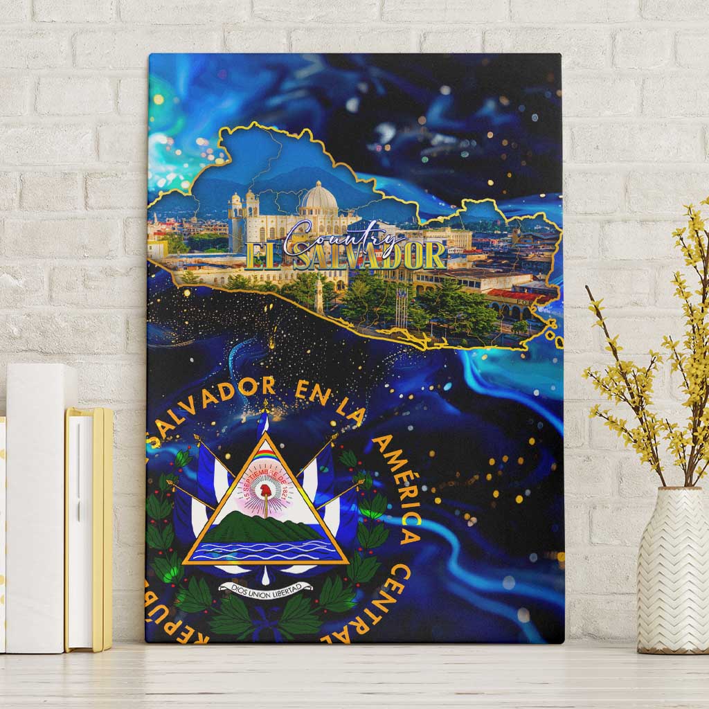 El Salvador Country Pride Canvas Wall Art Map Flag and National Emblem Art in Cosmic Blue - Wonder Print Shop