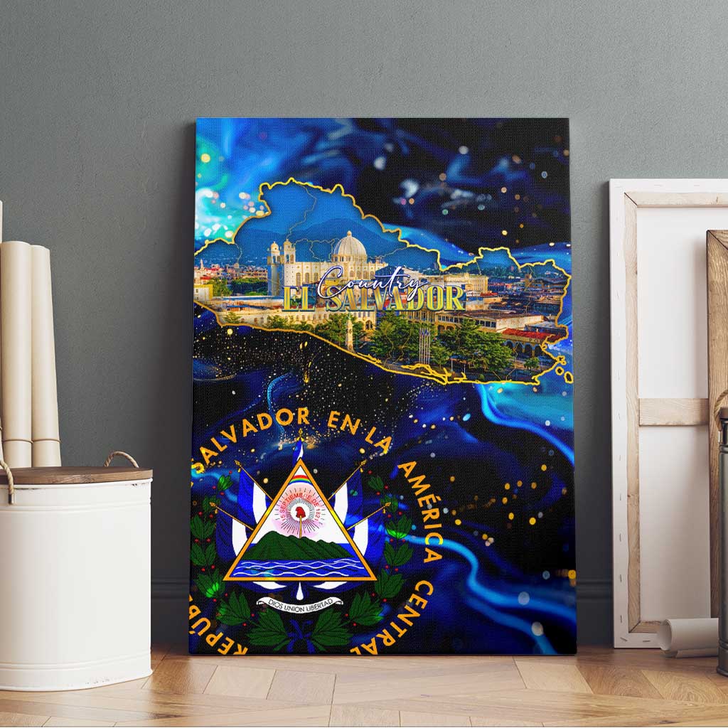 El Salvador Country Pride Canvas Wall Art Map Flag and National Emblem Art in Cosmic Blue - Wonder Print Shop