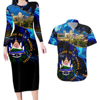 El Salvador Country Pride Couples Matching Long Sleeve Bodycon Dress and Hawaiian Shirt Map Flag and National Emblem Art in Cosmic Blue - Wonder Print Shop