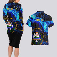 El Salvador Country Pride Couples Matching Long Sleeve Bodycon Dress and Hawaiian Shirt Map Flag and National Emblem Art in Cosmic Blue - Wonder Print Shop
