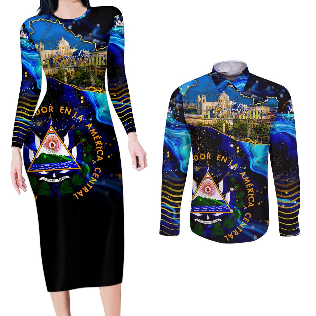 El Salvador Country Pride Couples Matching Long Sleeve Bodycon Dress and Long Sleeve Button Shirt Map Flag and National Emblem Art in Cosmic Blue - Wonder Print Shop