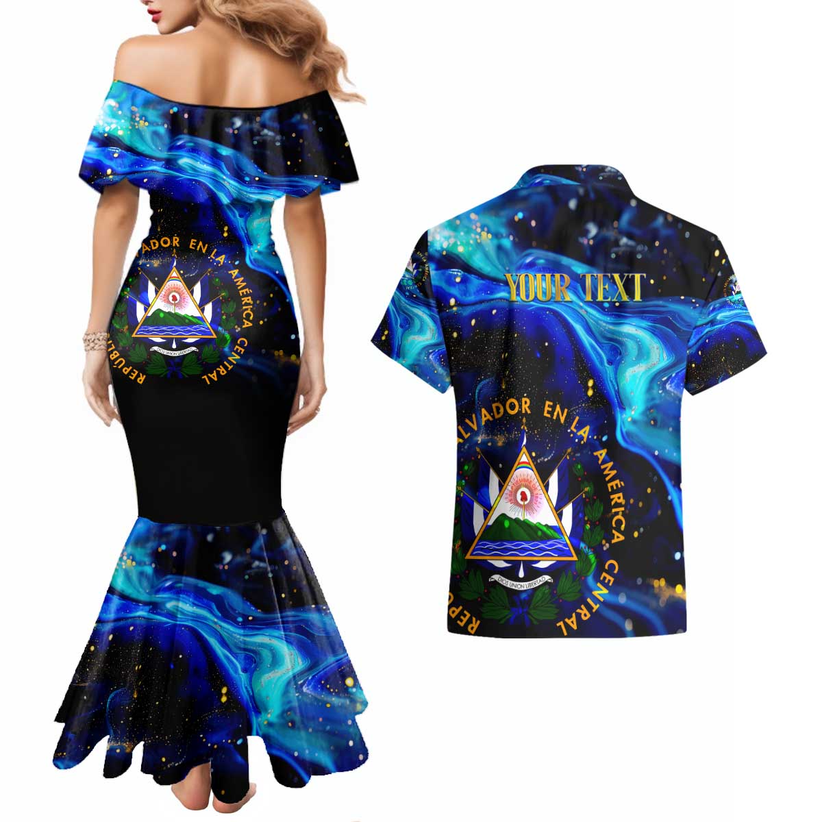 El Salvador Country Pride Couples Matching Mermaid Dress and Hawaiian Shirt Map Flag and National Emblem Art in Cosmic Blue - Wonder Print Shop