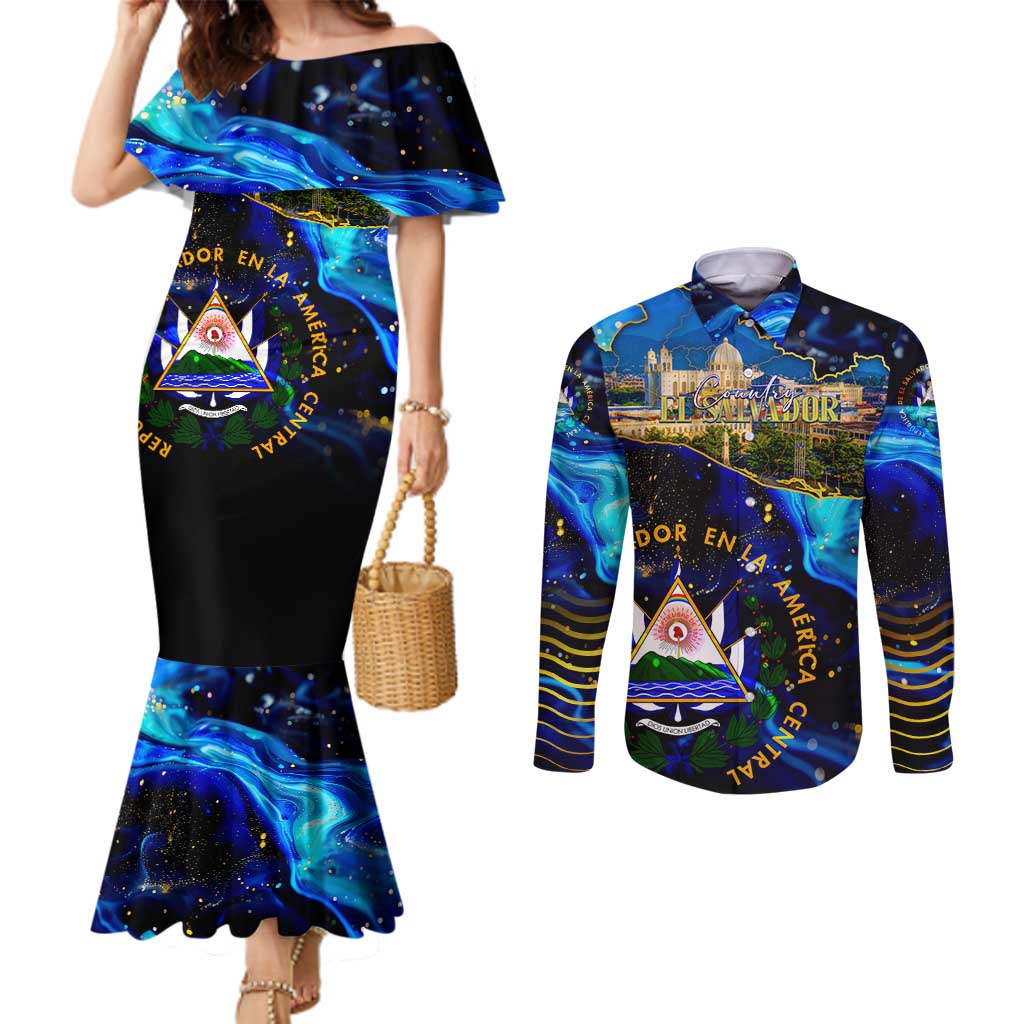 El Salvador Country Pride Couples Matching Mermaid Dress and Long Sleeve Button Shirt Map Flag and National Emblem Art in Cosmic Blue - Wonder Print Shop