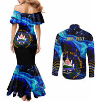 El Salvador Country Pride Couples Matching Mermaid Dress and Long Sleeve Button Shirt Map Flag and National Emblem Art in Cosmic Blue - Wonder Print Shop