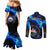El Salvador Country Pride Couples Matching Mermaid Dress and Long Sleeve Button Shirt Map Flag and National Emblem Art in Cosmic Blue - Wonder Print Shop
