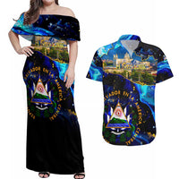 El Salvador Country Pride Couples Matching Off Shoulder Maxi Dress and Hawaiian Shirt Map Flag and National Emblem Art in Cosmic Blue - Wonder Print Shop