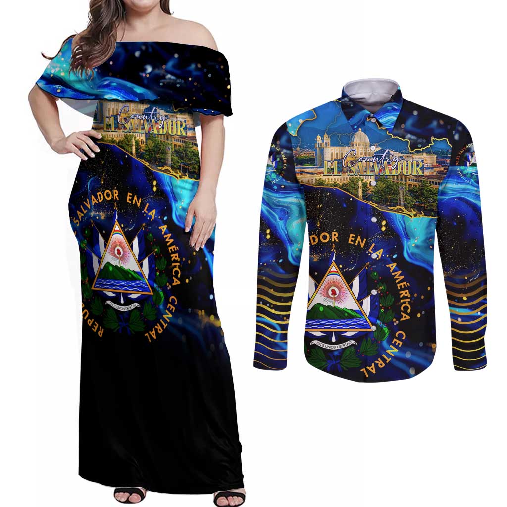 El Salvador Country Pride Couples Matching Off Shoulder Maxi Dress and Long Sleeve Button Shirt Map Flag and National Emblem Art in Cosmic Blue - Wonder Print Shop