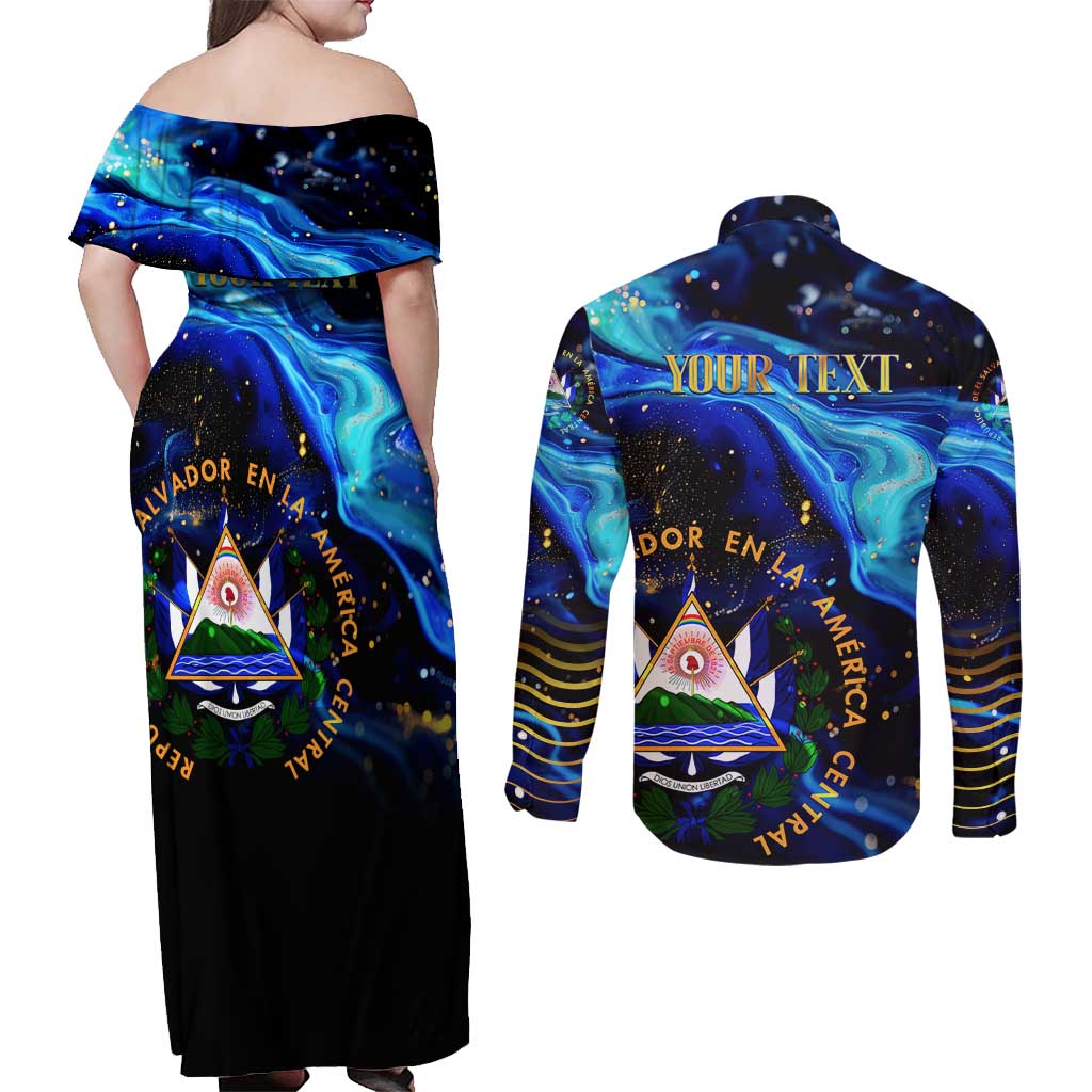 El Salvador Country Pride Couples Matching Off Shoulder Maxi Dress and Long Sleeve Button Shirt Map Flag and National Emblem Art in Cosmic Blue - Wonder Print Shop