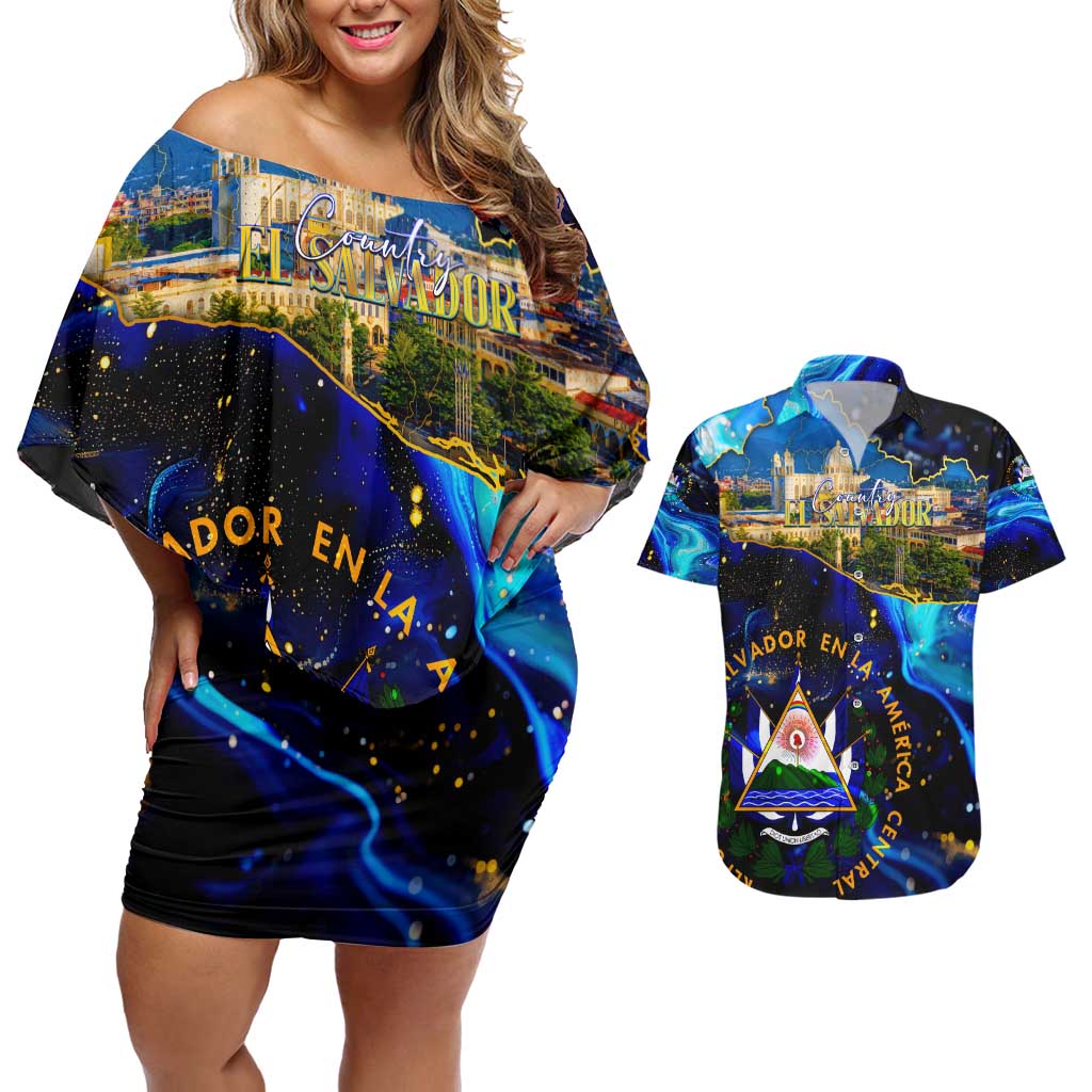 El Salvador Country Pride Couples Matching Off Shoulder Short Dress and Hawaiian Shirt Map Flag and National Emblem Art in Cosmic Blue - Wonder Print Shop