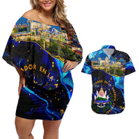 El Salvador Country Pride Couples Matching Off Shoulder Short Dress and Hawaiian Shirt Map Flag and National Emblem Art in Cosmic Blue - Wonder Print Shop