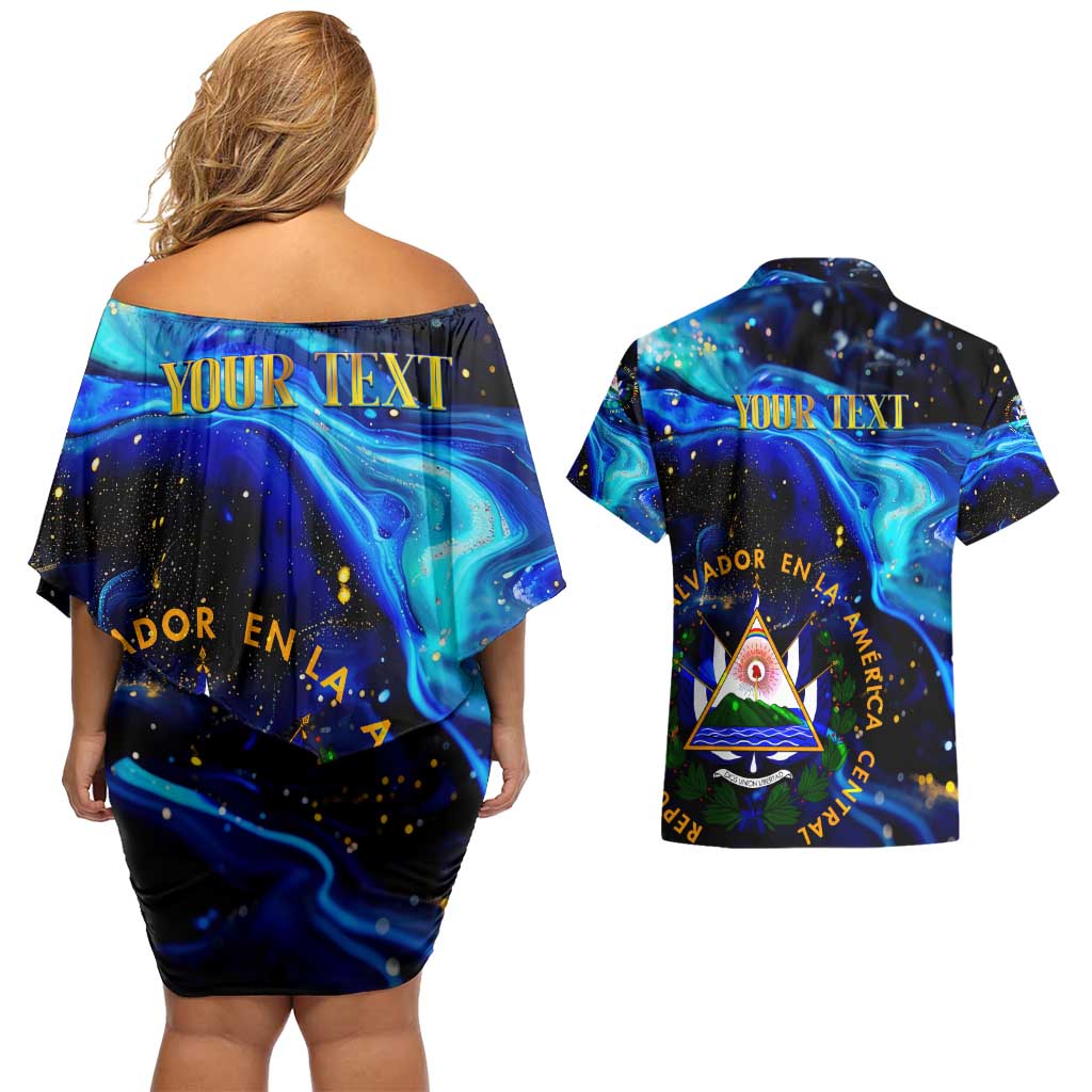 El Salvador Country Pride Couples Matching Off Shoulder Short Dress and Hawaiian Shirt Map Flag and National Emblem Art in Cosmic Blue - Wonder Print Shop