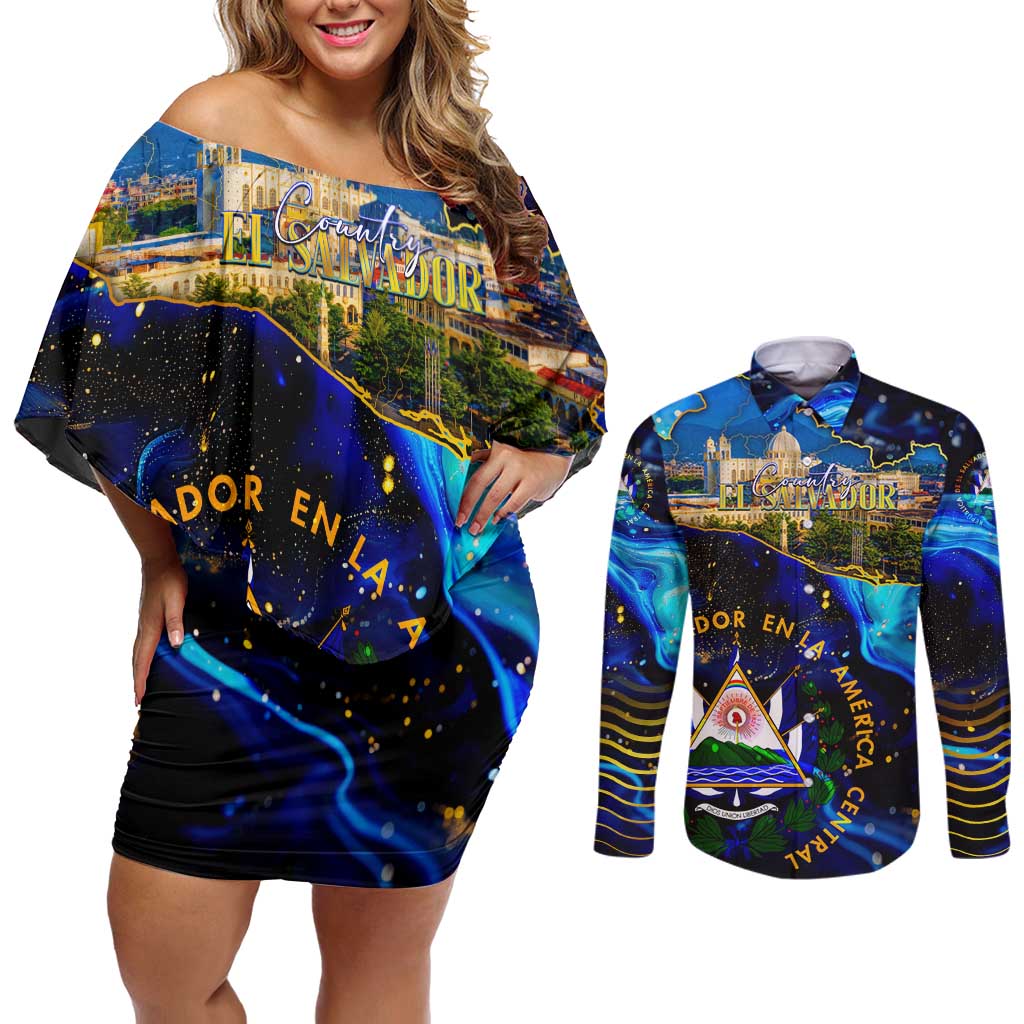 El Salvador Country Pride Couples Matching Off Shoulder Short Dress and Long Sleeve Button Shirt Map Flag and National Emblem Art in Cosmic Blue - Wonder Print Shop