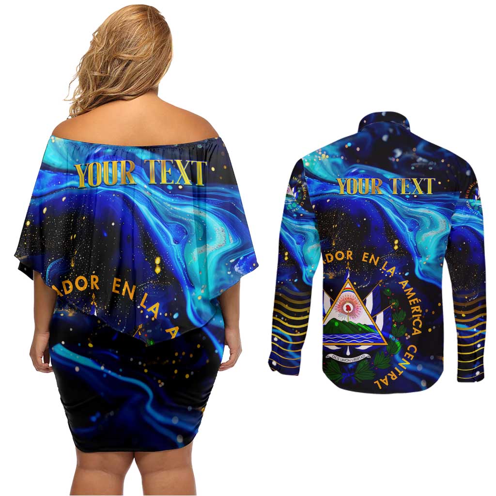 El Salvador Country Pride Couples Matching Off Shoulder Short Dress and Long Sleeve Button Shirt Map Flag and National Emblem Art in Cosmic Blue - Wonder Print Shop