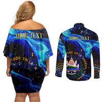 El Salvador Country Pride Couples Matching Off Shoulder Short Dress and Long Sleeve Button Shirt Map Flag and National Emblem Art in Cosmic Blue - Wonder Print Shop