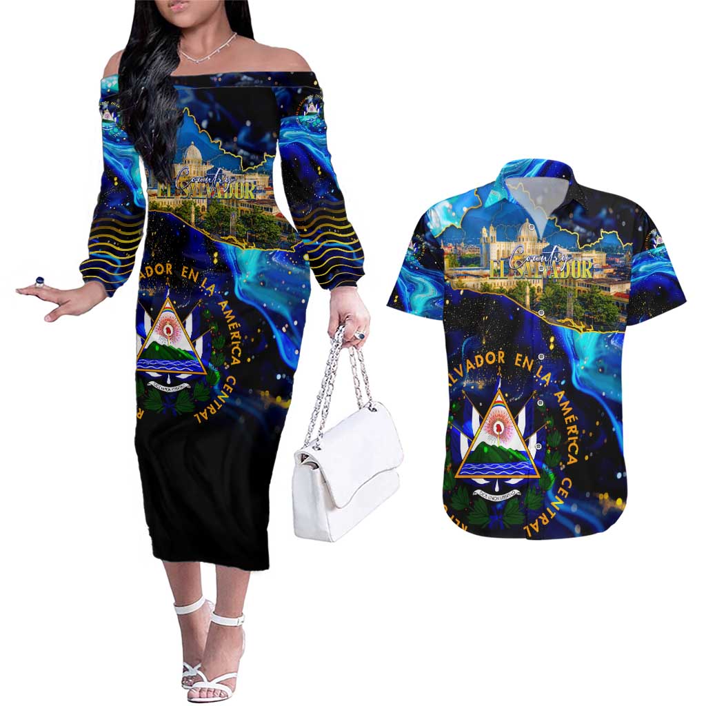 El Salvador Country Pride Couples Matching Off The Shoulder Long Sleeve Dress and Hawaiian Shirt Map Flag and National Emblem Art in Cosmic Blue - Wonder Print Shop