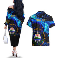 El Salvador Country Pride Couples Matching Off The Shoulder Long Sleeve Dress and Hawaiian Shirt Map Flag and National Emblem Art in Cosmic Blue - Wonder Print Shop