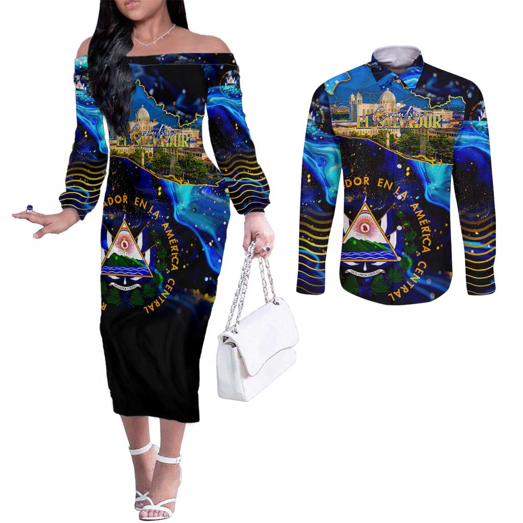 El Salvador Country Pride Couples Matching Off The Shoulder Long Sleeve Dress and Long Sleeve Button Shirt Map Flag and National Emblem Art in Cosmic Blue - Wonder Print Shop