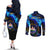 El Salvador Country Pride Couples Matching Off The Shoulder Long Sleeve Dress and Long Sleeve Button Shirt Map Flag and National Emblem Art in Cosmic Blue - Wonder Print Shop