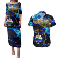 El Salvador Country Pride Couples Matching Puletasi and Hawaiian Shirt Map Flag and National Emblem Art in Cosmic Blue - Wonder Print Shop