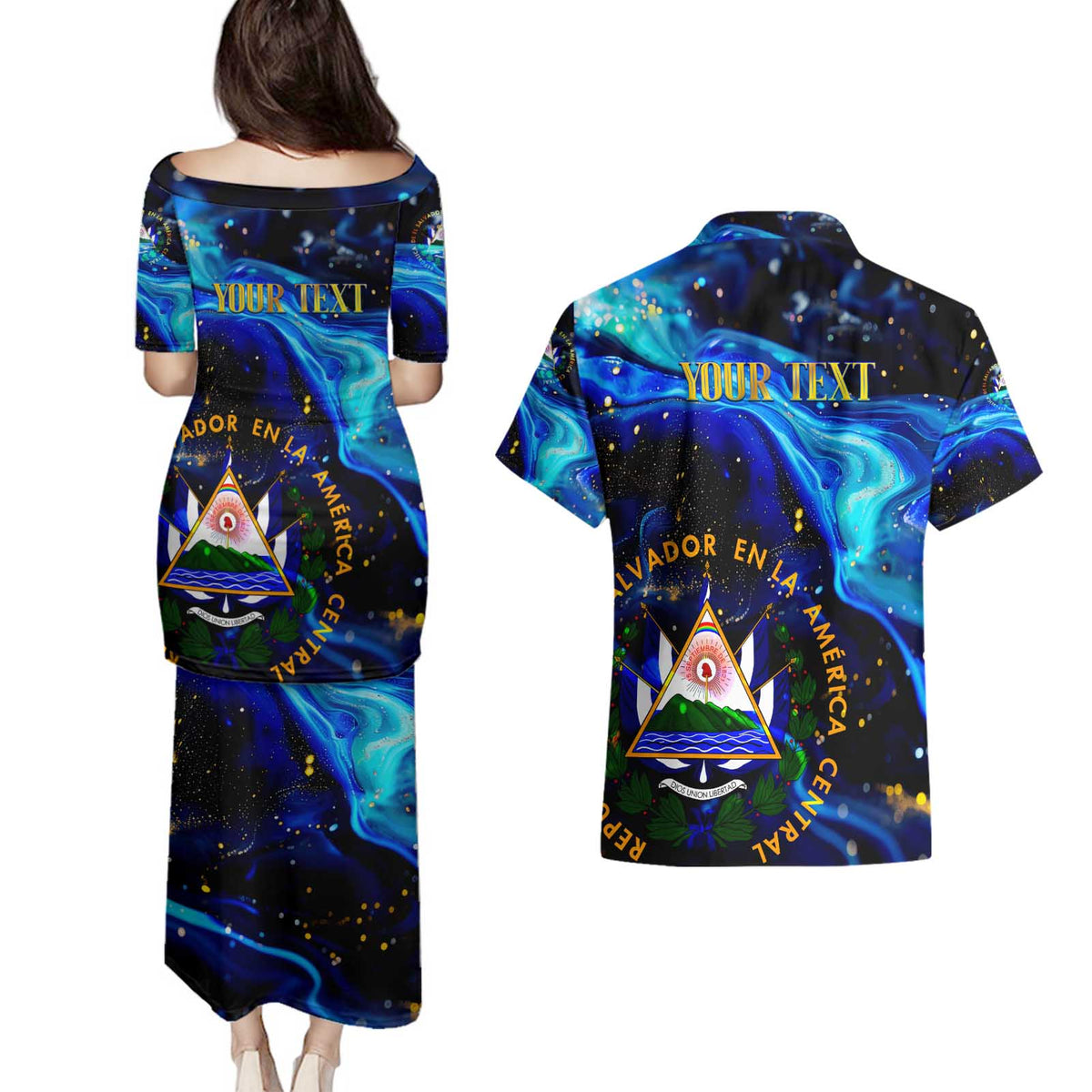 El Salvador Country Pride Couples Matching Puletasi and Hawaiian Shirt Map Flag and National Emblem Art in Cosmic Blue - Wonder Print Shop