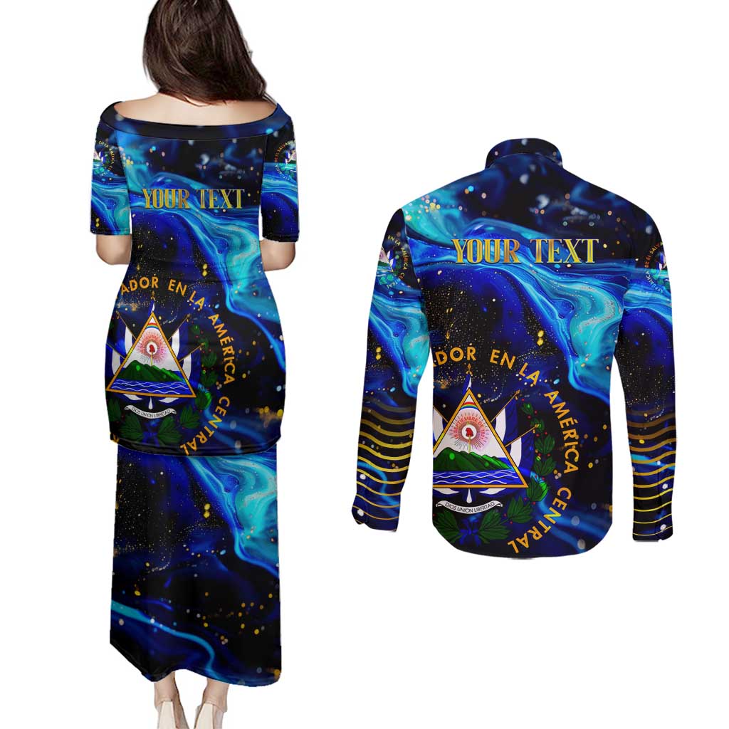 El Salvador Country Pride Couples Matching Puletasi and Long Sleeve Button Shirt Map Flag and National Emblem Art in Cosmic Blue - Wonder Print Shop